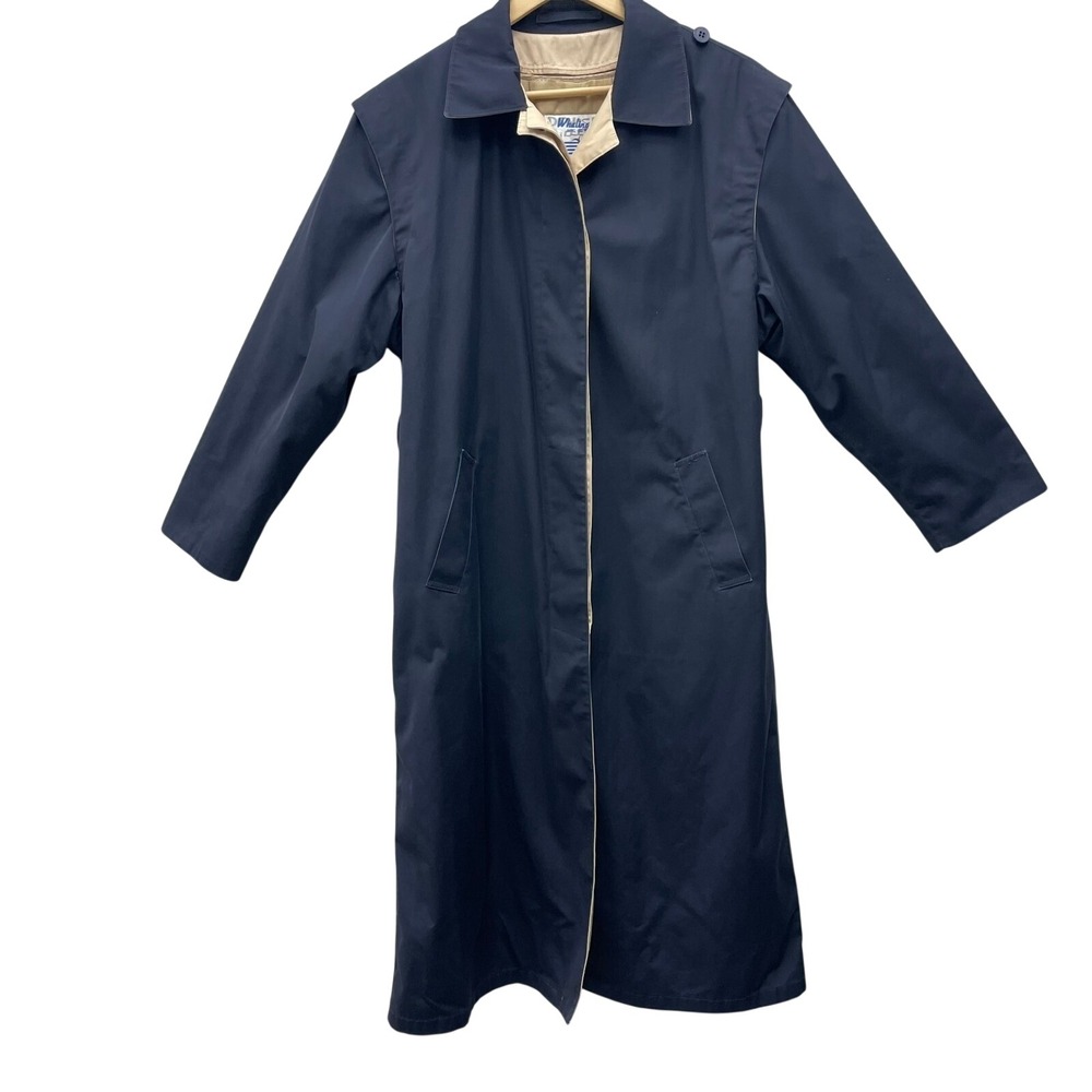 Whaling Mfg Co Vintage Navy Blue Long Trench Coat Quilted Lining 12 Made‎ in USA